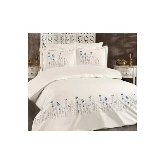 Silk Embroidered Double Duvet Cover Set Cream - Blue