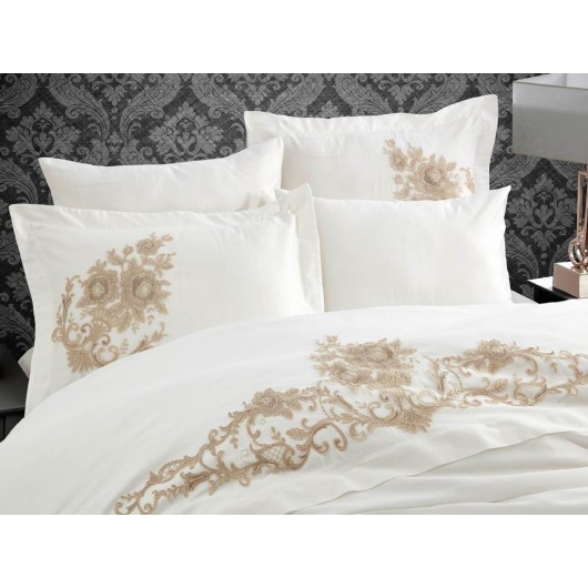 Jenna Cream Embroidered Cotton Sateen Double Duvet Cover Set