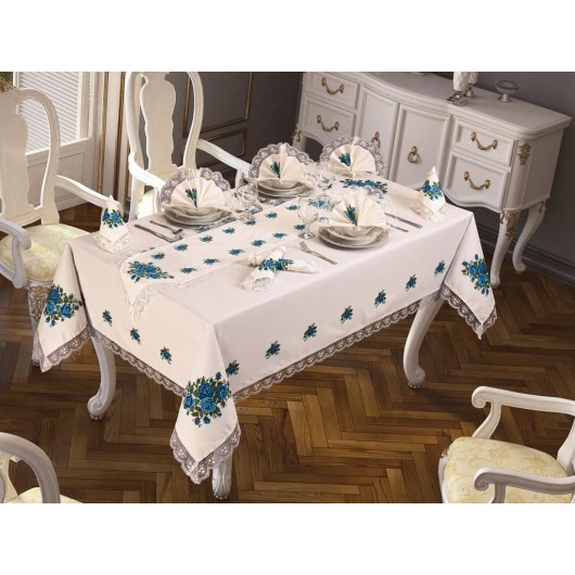 18-Piece Cross-Stitch Guipure Placemat/Table Cover And Four Roses Set Blue
