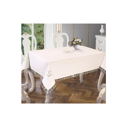 Cream-Cream Embroidered Tulip Bandage Rectangular Table Runner/Table Cover