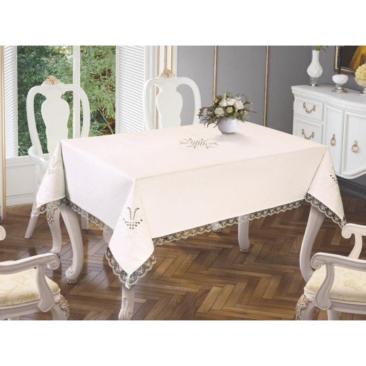Cream-Cream Embroidered Tulip Bandage Rectangular Table Runner/Table Cover