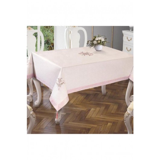 Tulip Embroidered Tablecloth/Table Cover, Powder/Light Pink-Cream 160X260 Cm