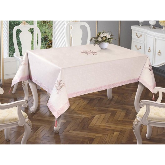 Tulip Embroidered Tablecloth/Table Cover In Cream-Powder/Light Pink