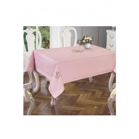 Embroidered Tablecloth With 4 Corners, Tulip Shape, Bright Pink