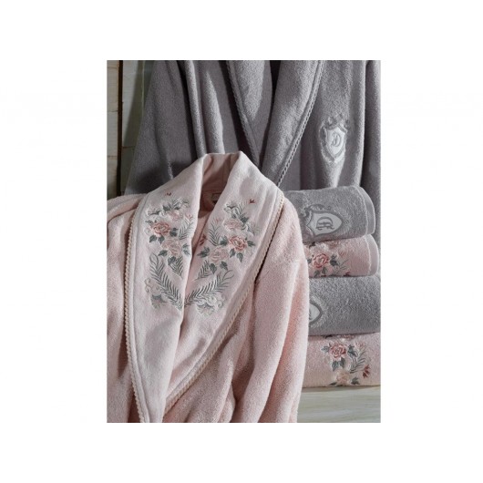 Luxurious Embroidered Cotton Bathrobe/Robe Set In Grey-Powder/Light Pink Larosa