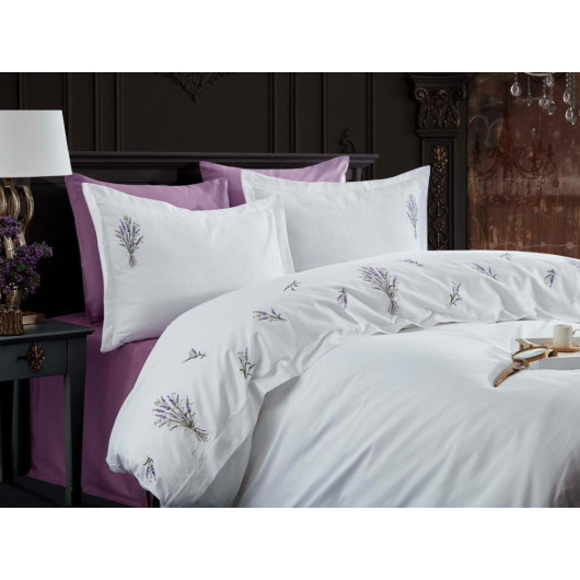 Lavender Embroidered Cotton Sateen Double Duvet Cover Set