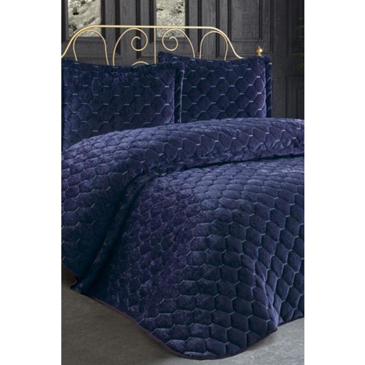 Lima Velvet Quilted Duvet/Bed Cover Set In Navy Blue