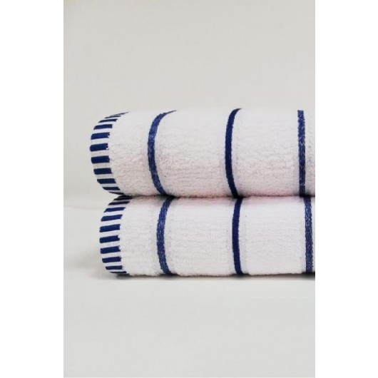 Double Cotton Bath Towel Set, White-Blue Line