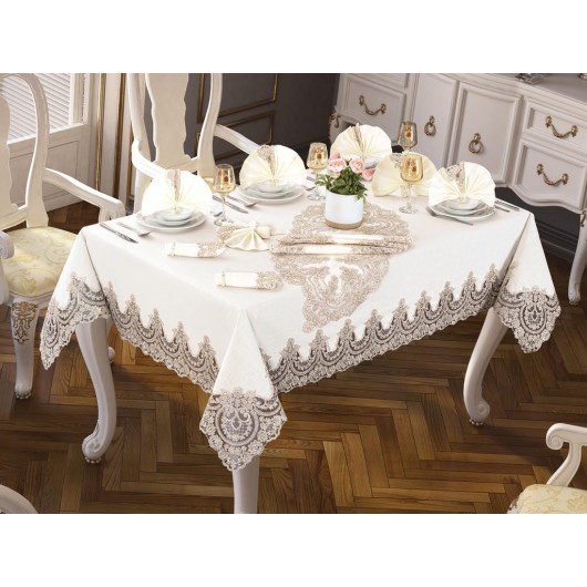 Lisa 18-Piece Gold-Cream Placemat/Table Cover Set