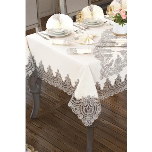 18-Piece Lisa Silver-Cream Placemat/Table Cover Set