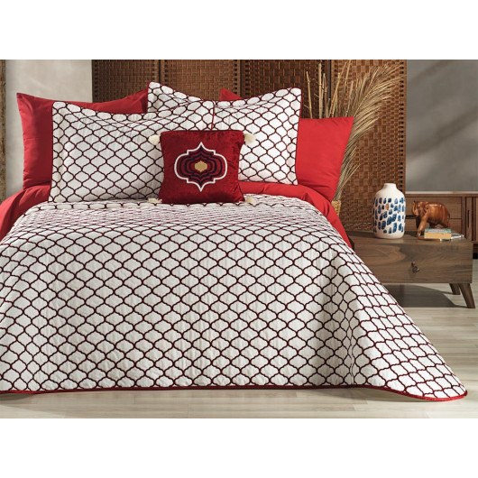 طقم مفرش/غطاء سرير مزدوج 4 قطع لون كريمي أحمر