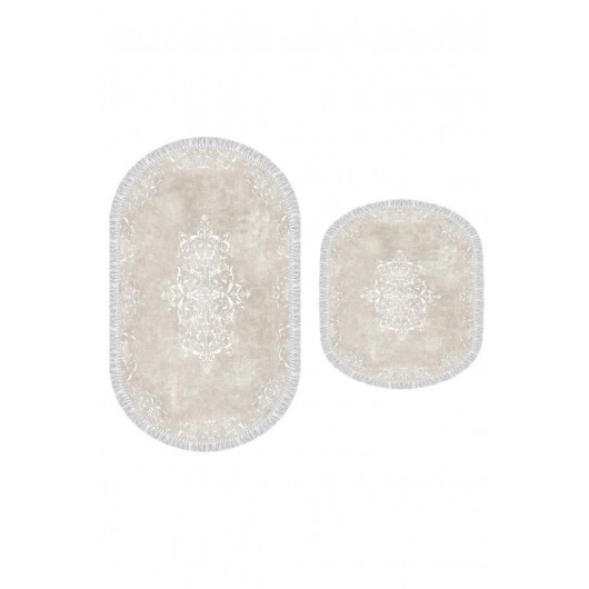 Cream Embroidered 2-Piece Oval Bath Mat/Rug Set