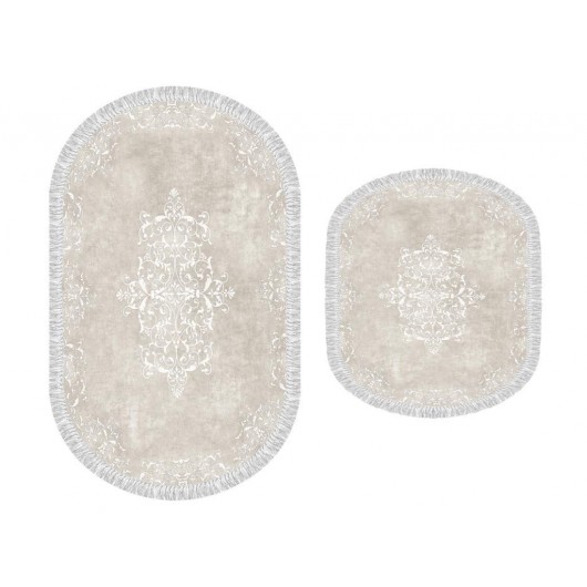 Cream Embroidered 2-Piece Oval Bath Mat/Rug Set