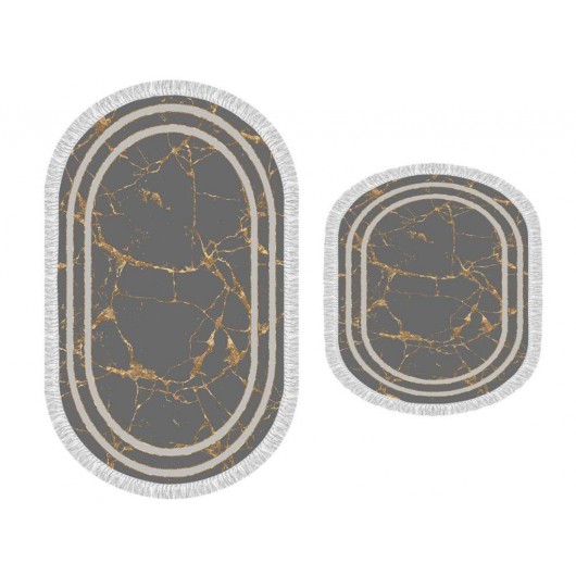 2-Piece Oval Bath Mat/Rug Set In Grey-Gold Linear Stone