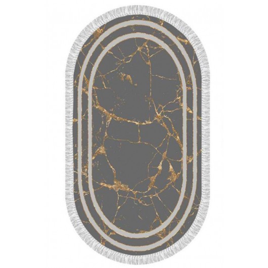 2-Piece Oval Bath Mat/Rug Set In Grey-Gold Linear Stone