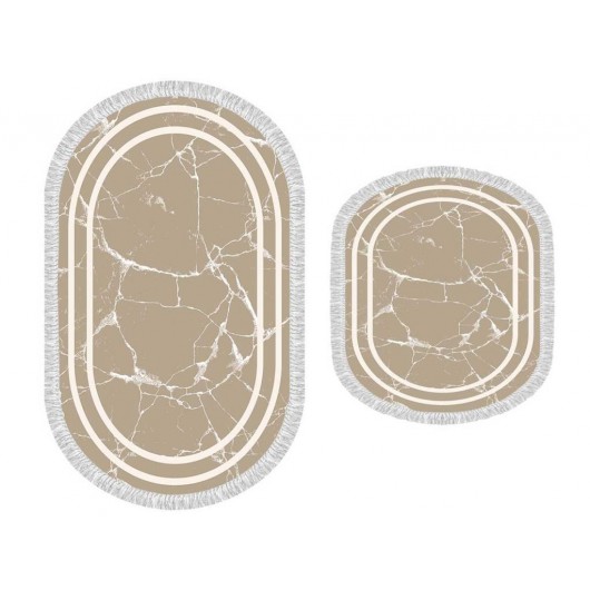 White-Brown Linear Stone Oval Bath Mat Set Of 2 Pieces