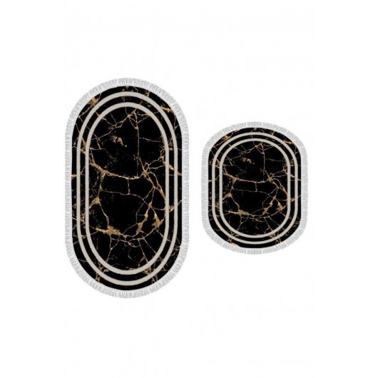 Oval Bath Mat Set Of 2 Pieces Black-Gold Linear Stone