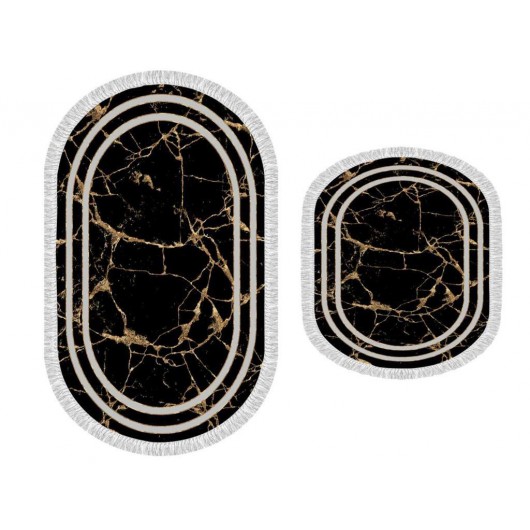Oval Bath Mat Set Of 2 Pieces Black-Gold Linear Stone