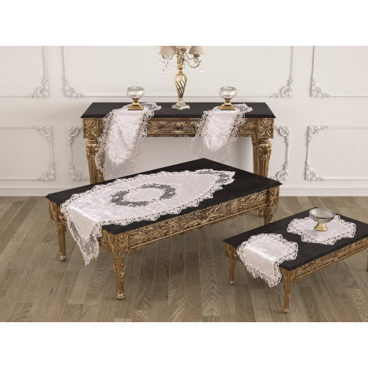 5-Piece Diamond Living Room Tablecloth Set, Cream Color
