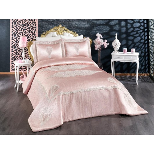 مفرش سرير مزدوج من المخمل المطرز لون زهري