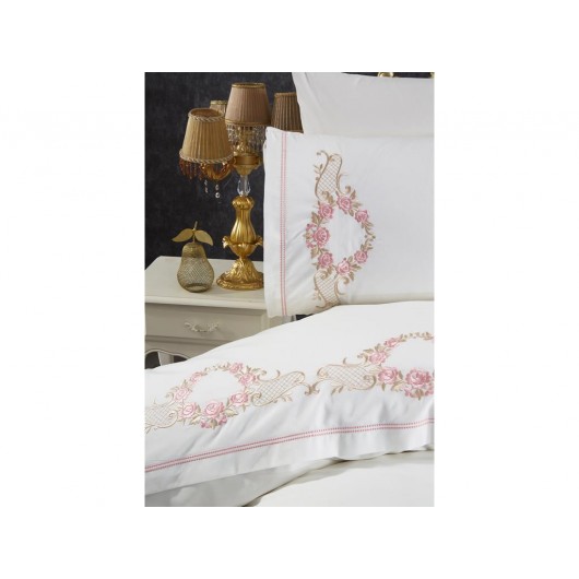 Rose Embroidered 6 Piece Duvet Cover Set Cream