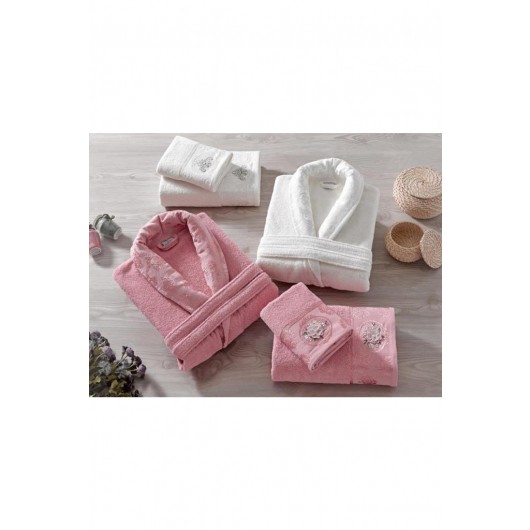 Pale Pink-Cream Jacquard Family Bathrobe/Robe Set By Rosel Bukle