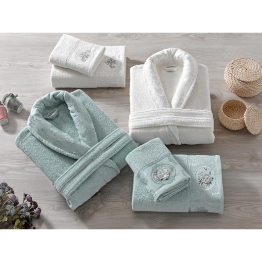 Mint-Cream Jacquard Family Robe/Bathrobe Set Rosel Bukle