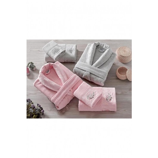 Powder/Light Pink-Grey Jacquard Family Bathrobe/Robe Set Rosel Bukle