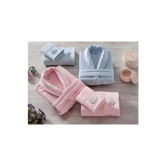 Powder/Light Pink-Blue Jacquard Family Bathrobe/Robe Set By Rosel Bukle