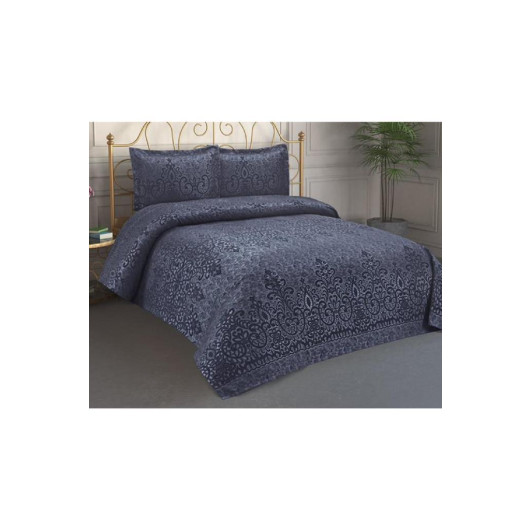 Double Bed Sheet Of Jacquard And Chenille, Dark Blue Color Royal