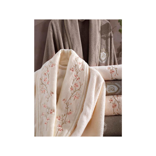 Cotton Bathrobe/Robe Set Cream Color - Sarmaşık Beige