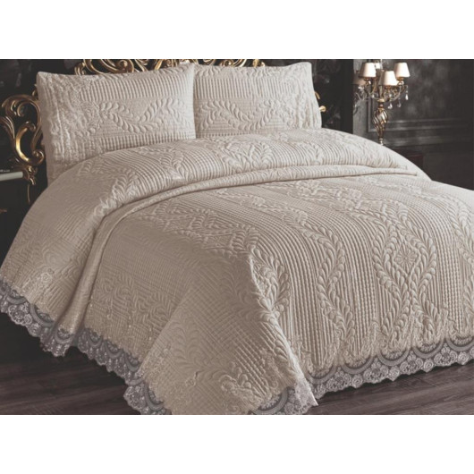 Smirna Lace Quilted Ultrasonic Double Bed Cover Open Cappucino