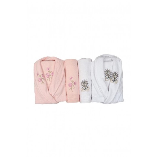 100% Cotton Embroidered Bathrobe/Robe Set Of 4 Pieces Cream-Lilac Skar