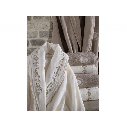 Sultan's Cream-Beige Embroidered Luxurious Cotton Bathrobe/Robe Set
