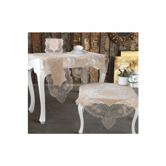 Suman Kordone Luxury Embroidered 5-Piece Living Room Tablecloth Set, Cappuccino Color