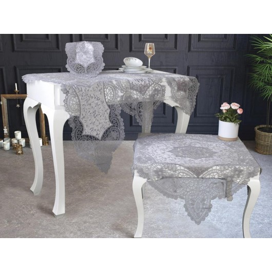 Suman Kordone Luxury Embroidered 5-Piece Living Room Tablecloth Set, Silver Color