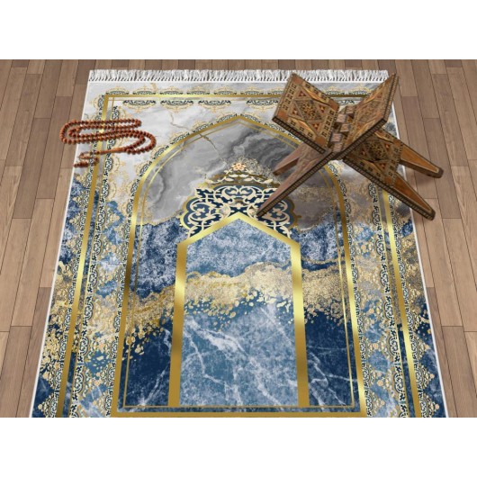 Uhud Velvet Prayer Rug Navy Blue