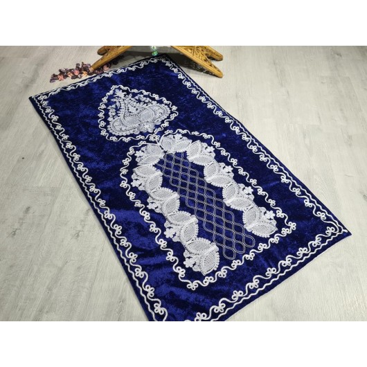 A Turkish Velvet Prayer Rug, Embroidered In Navy Blue