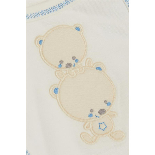 Baby Food Bib Teddy Bear Embroidered Ecru (Standard)