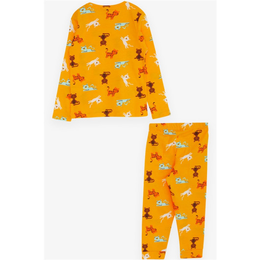 Children's Pajama Set Cheerful Kitten Patterned Mustard Yellow (Ages 3-7)