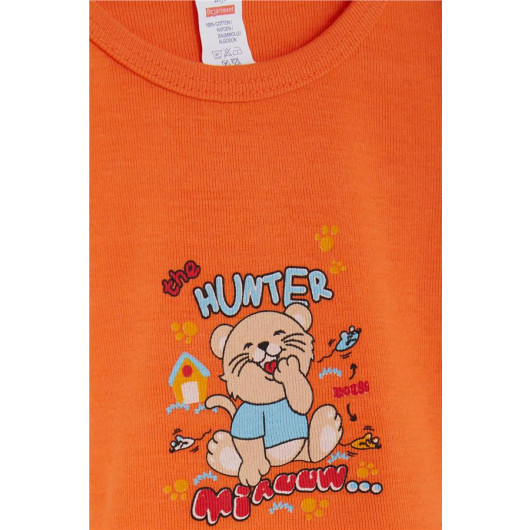Baby Boy Snap Fastener Body Hunter Kitten Printed Orange (9 Months-3 Years)