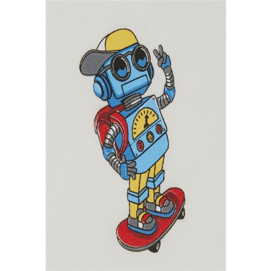 Baby Boy Snap Snap Body Skateboarder Robot Printed Ecru (9 Months-3 Years)