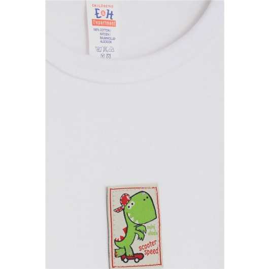 Baby Boy Snap Zipper Body Skateboarder Dinosaur Printed Off White (9 Months-3 Years)