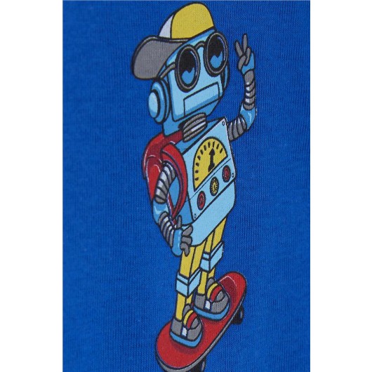 بربتوز يبي ولادي بأزرار كبس وطبعة الروبوت المتزلج/أزرق شامي(9أشهر-3سنوات)