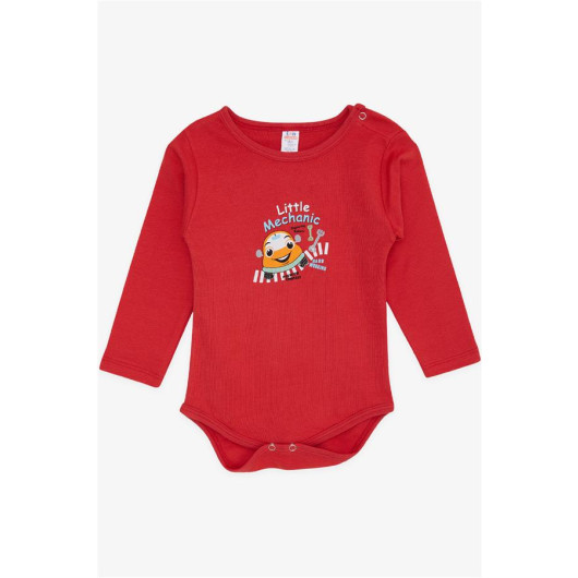افرول بادي للاولاد حديثي الولادة بازرار كبس مزين برسمات لون احمر (9 أشهر - 3 سنوات)
