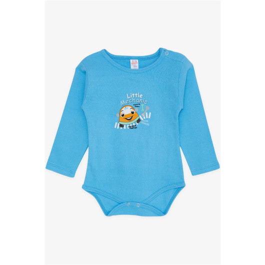 افرول بادي للاولاد حديثي الولادة بازرار كبس مزين برسمات لون ازرق (9 أشهر - 3 سنوات)