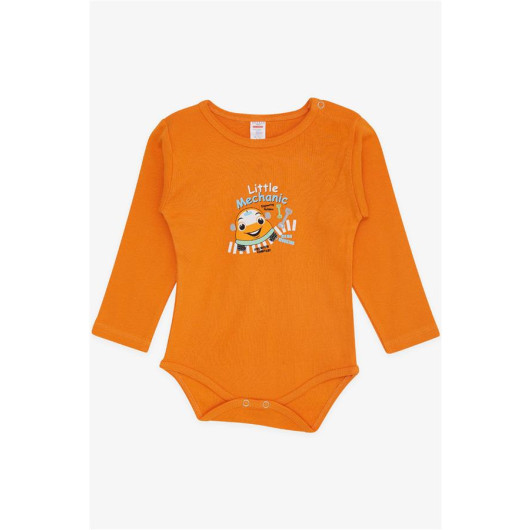 افرول بادي للاولاد حديثي الولادة بازرار كبس مزين برسمات لون برتقالي (9 أشهر - 3 سنوات)
