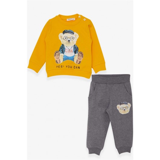 Baby Boy Tracksuit Set Teddy Bear Printed Yellow (9 Months-3 Years)