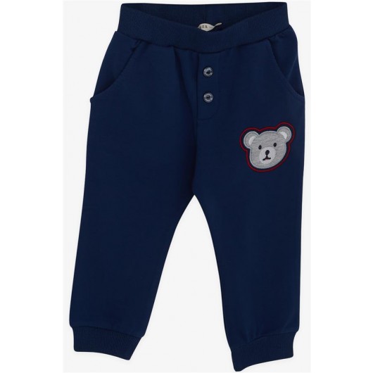 Baby Boy Tracksuit Set Teddy Bear Embroidered Text Printed Navy Blue (9 Months-3 Years)