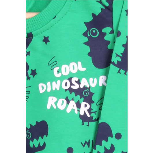 طقم بدلة رياضية للأولاد مزين برسمة ديناصور لون أخضر (1-1.5 سنة)